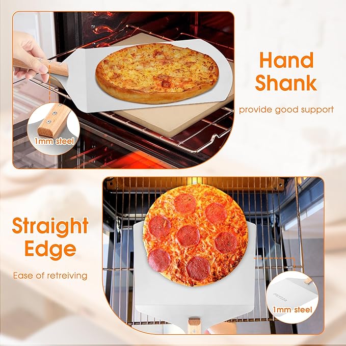 12 inch Stainless Pizza Peel for Large Oven, Pizza Spatula with Ergonomic Handle for Pizza Oven Baking, Turing Peel for Pizza, Dough, Bread Pastry, 12" W x 14.6" L
