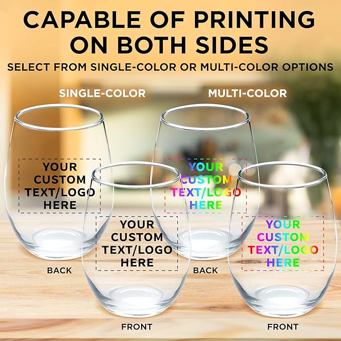 Custom Stemless Wine Glass 9 oz. Set of 100, Personalized Bulk Pack - Great for Wedding Favors, Bachelorette Party Decorations, Party Favors, Color Bottom - Clear