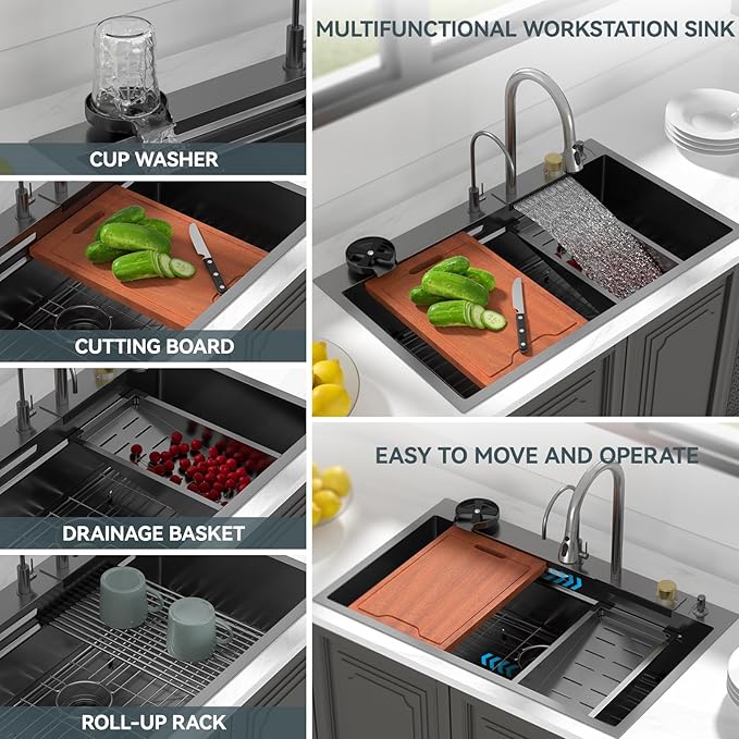 Lordear 36 Waterfall Kitchen Sink Drop In 36"x22" Workstation Gunmetal Black 16 Gauge Single Bowl Topmount Handmade Sinks with Pull Out Faucet,Glass Rinser Included