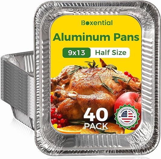 9x13 Aluminum Pans [40 Pack], Extra Heavy Duty Half Size Disposable Aluminum Foil Pans, Deep Baking Pans for Cooking, Roasting, Heating, and Steam Tables