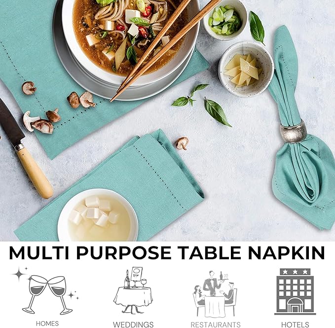 Bedding Craft Cotton Cloth Dinner Napkins Set of 12 – 18x18 Aqua with Hemstitched Mitered Corners – Reusable Machine Washable Napkins for Weddings, Parties & Table Decorations