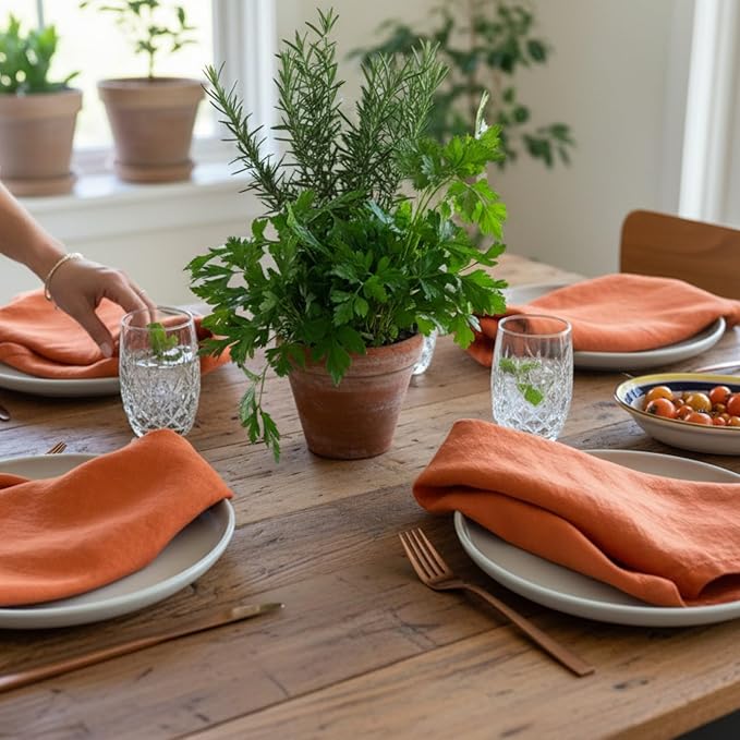 Hemstitched Linen Napkins – 20 Inch x 20 Inch – Stonewashed Pure Linen Cloth Dinner Napkins with Mitered Corners - 100% French Flax – Machine Washable - Set of 4 (Sunset Orange)