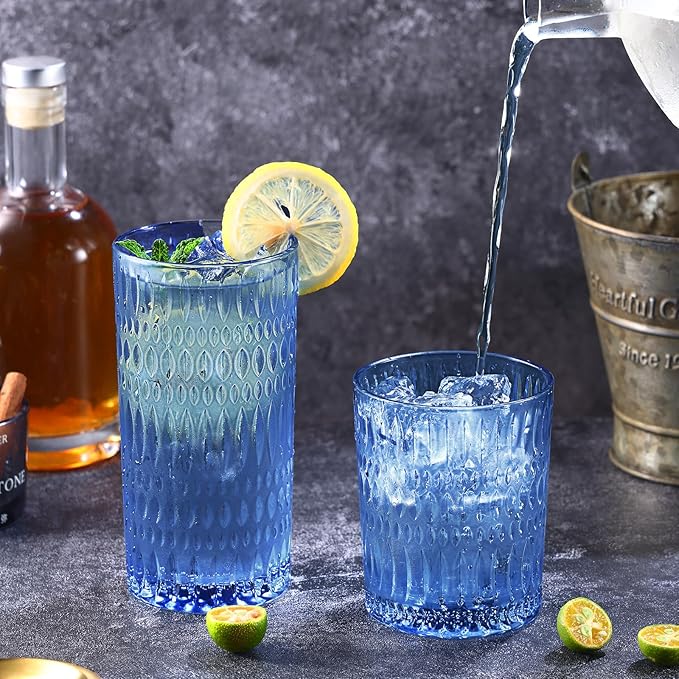 Glassware Drinking Glasses Set of 8, 14 oz Highball Glasses & 10 oz Ribbed Glass Cups, Vintage Glassware for Water, Juice, Cocktail, Whiskey (Blue)