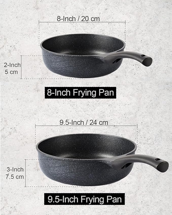Cook N Home Marble Nonstick Cookware Saute Fry Pan, 8-inch + 9.5-inch, Black