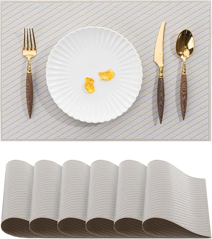 BACKTOEDEN Placemats Set of 6 Heat Resistant Washable Wipeable Placemat Woven Non-Slip Foldable Vinyl/Plastic Place Mats Indoor/Outdoor Mat Kitchen Dining Table Pad, Light Gray Twill