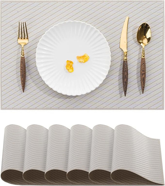 BACKTOEDEN Placemats Set of 6 Heat Resistant Washable Wipeable Placemat Woven Non-Slip Foldable Vinyl/Plastic Place Mats Indoor/Outdoor Mat Kitchen Dining Table Pad, Light Gray Twill