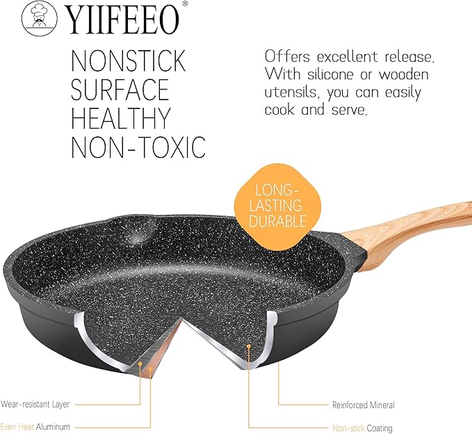 Non Stick Frying Pan Set - YIIFEEO Granite Skillet Set with 100% PFOA & PTFE Free, Induction Egg Omelette Pans for Cooking Pan Set, Cookware Set Nonstick Pots and Pans Set Gift for Women