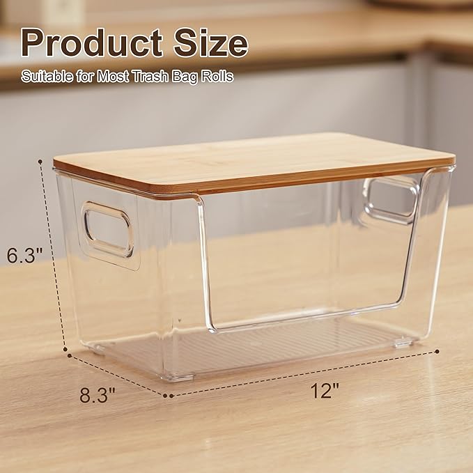 Citylife Stackable Storage with Bamboo Tops and Handles, Laundry Room Organization and Storage for Home, Kitchen, Under-Sink Garbage Bag Dispenser