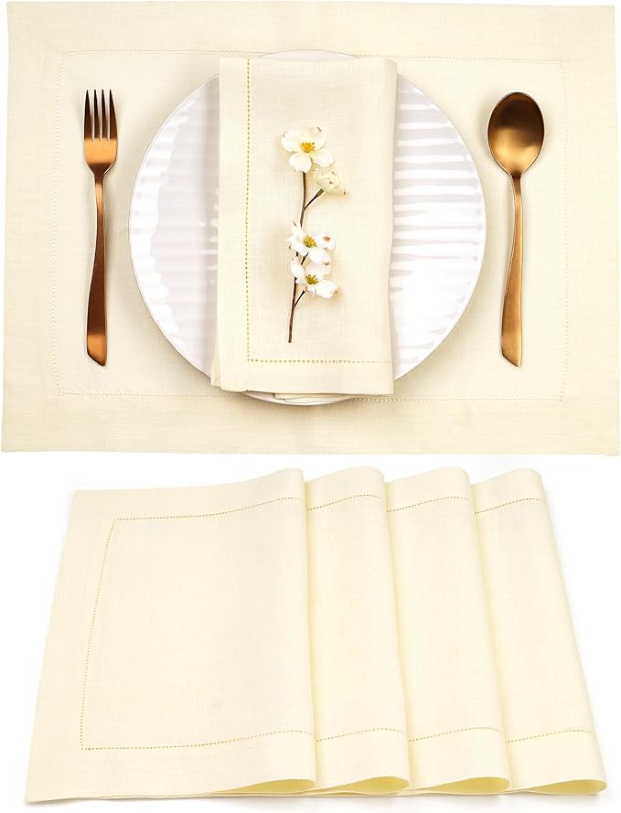 D'Moksha Homes Cream Linen Cloth Placemats Set of 4-100% Pure Linen Hemstitch Placemats 14 x 19 Inch - Classic Hemstitch Table Place Mats for Thanksgiving, Holiday - Handcrafted and Machine Washable