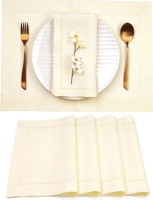 D'Moksha Homes Cream Linen Cloth Placemats Set of 4-100% Pure Linen Hemstitch Placemats 14 x 19 Inch - Classic Hemstitch Table Place Mats for Thanksgiving, Holiday - Handcrafted and Machine Washable