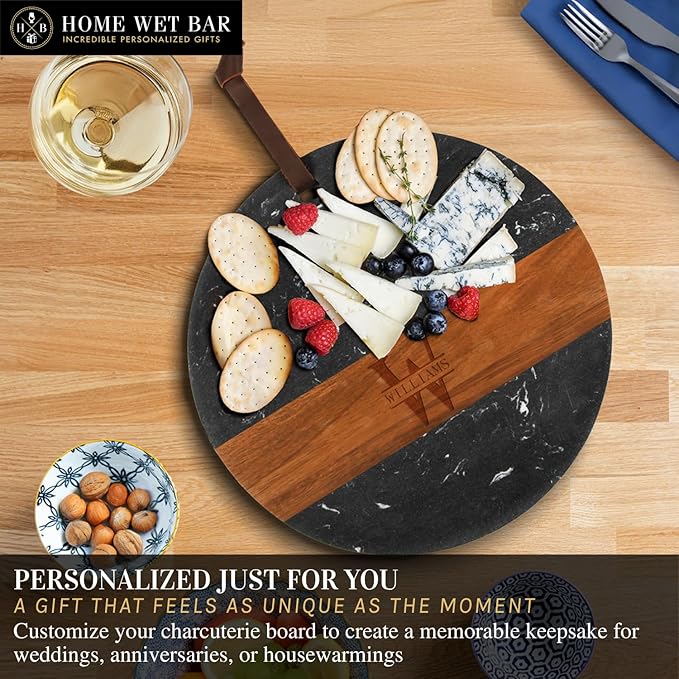 HomeWetBar Personalized Charcuterie Board | Custom 12" Round Black Marble & Acacia Wood Cheese Board | Perfect Housewarming + Wedding + Couples Gift Idea