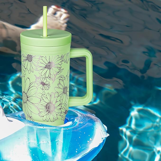 Engraved Daisy 40oz Insulated Tumbler with Handle, Lid & Straw - Use for Water, Tea, Coffee & More-Disabled USMC Vet Owned Small Business-Daisy 40oz Tumbler