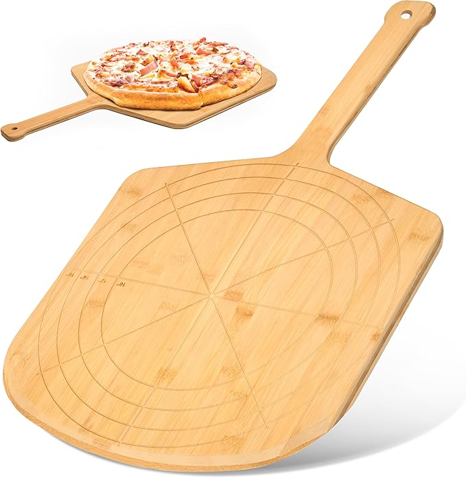 Loftern Wooden Pizza Peel 16 Inch Board with Engraved Sizes - Multi-Purpose Bamboo Pizza Cutting Board, Wood Pizza Peel, Pizza Spatula Paddle, and Serving Board with Size and Cutting Guide
