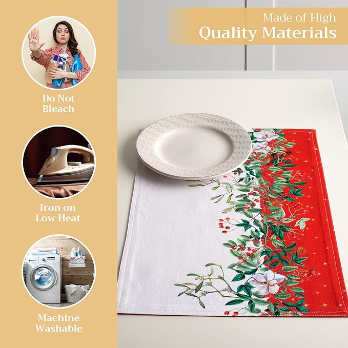 Maison d' Hermine Placemats Set of 4 100% Cotton Washable Cloth Place Mats, Reusable Table Mats for Thanksgiving Christmas Decorations Kitchen Dining Party Wedding Restaurant (Noel, 13" x 19")