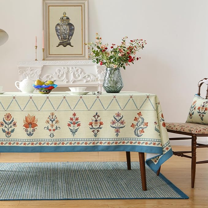 French Tablecloth for Rectangle Tables,Linen Table Cloth with Colorful Flowers and Leaves Pattern,Heavy Durable Soft Table Cover for Dining Kitchen Decor Party Christmas,55"*71"