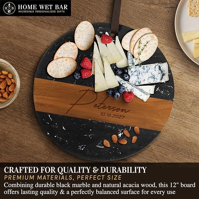 HomeWetBar Personalized Charcuterie Board | Custom 12" Round Black Marble & Acacia Wood Cheese Board | Perfect Housewarming + Wedding + Couples Gift Idea