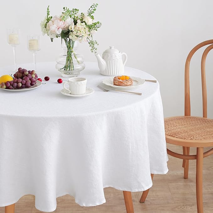 Linen World Linen Tablecloth, 100% French Linen Round Tablecloth 70" Inch, Washable White Tablecloth for Dining, Outdoor, Weddings and Restaurants, Decorative Valentine Easter