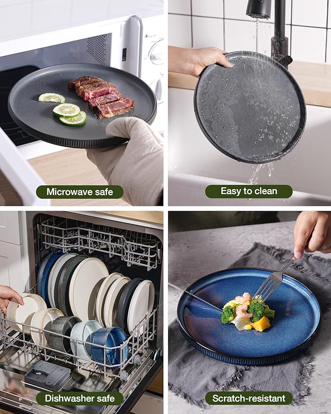 famiware Star Plates and Bowls Sets, Modern Stoneware Dinnerware Sets for 8, 24-Piece Kitchen Dish Set - Microwave and Dishwasher Safe, Chip and Scratch Resistant, Matte Dark Charcoal