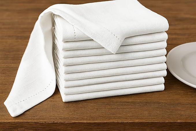 Ramanta Home Hemstitched Dinner Napkins Set of 12 - White, 18x18 Inches - Premium Textured Cotton Soft Cloth Napkins - Durable and Reusable for Weddings or Everyday Use