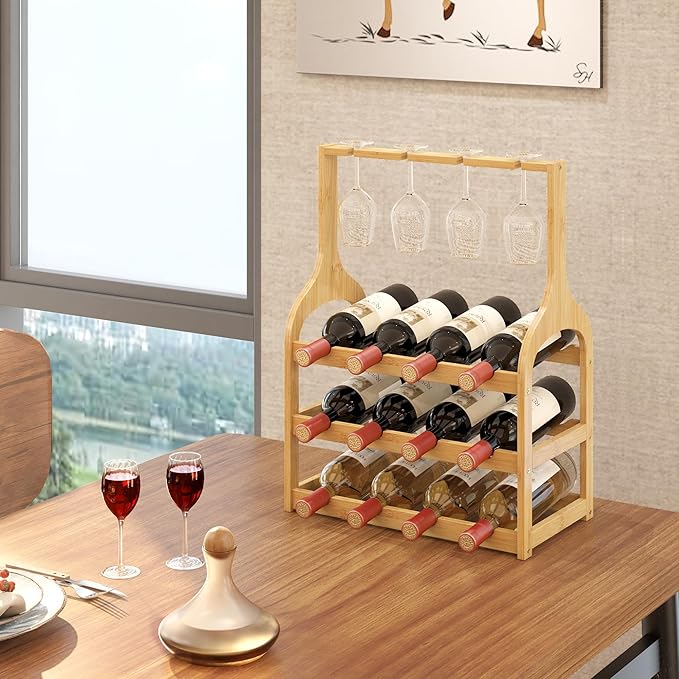 Wine Rack Countertop for 12 Wine Bottles and 4 Glass Holder, Small Bamboo Free Standing Racks Tabletop Display, Wooden Wine Storage Organizer for Cabinet Pantry Kitchen Bar Home Dining Room (Natural)