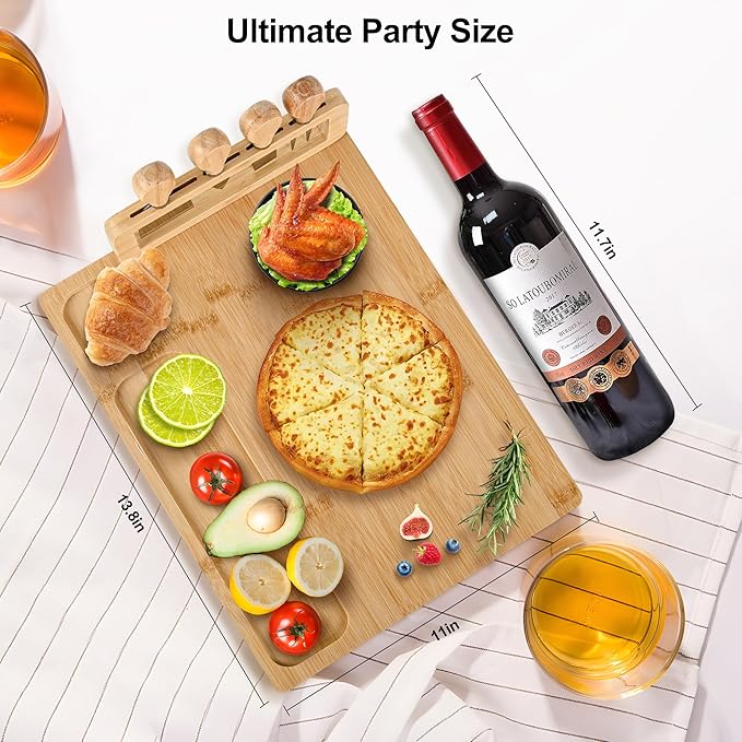 Bamboo Cheese Board and Knife Set - 14” x 11” Large Charcuterie Boards Set, Cheese Tray Platter Servers with Clasp Knife Holder, Gift for Anniversary, Housewarming, Christmas, Thanksgiving