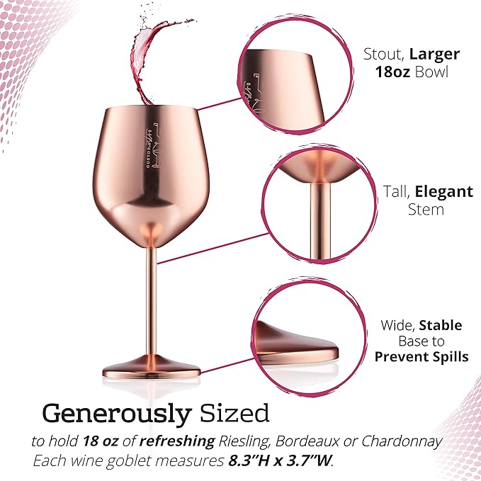 Gusto Nostro Stainless Steel Wine Glass - 18 oz - Unbreakable Rose Gold Wine Glasses for Travel, Camping and Pool - Fancy, Unique and Cool Portable Metal Wine Glass for Outdoor, Picnics (Set of 2)