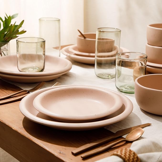 Bloomhouse - Two Time Oprah's Favorite Things Winner - Corsica Clay 12 Piece Stoneware Rustic Reactive Glaze Dinnerware Set - Stackable Plates and Bowls Set. Service for 4 - Matte Prosecco Blush Pink