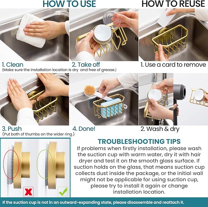 TAILI Sponge Holder for Kitchen Sink with Strong Suction Cup Removable, Rustproof Aluminum Sink Caddy for Sponge, Brush, Scrubber, Scraper -Gold