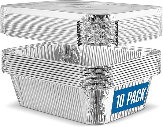 PLASTICPRO 10 Pack Aluminum Pans 8'' x 10" Disposable Pans with Covers Heavy Duty 5 lb Foil Pans for Baking and Cooking