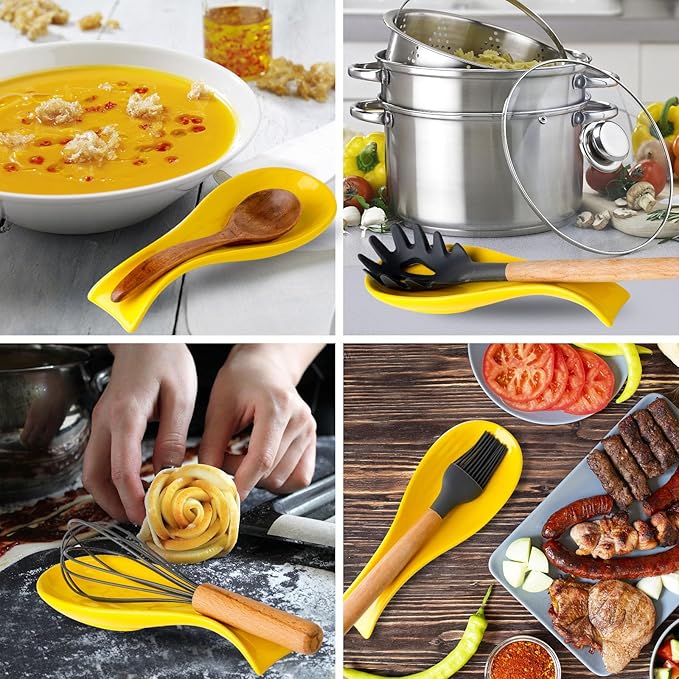 Ceramic Spoon Holder for Stove Top, Large Cooking Spoon Rest for Kitchen Counter, Hasense 8.7 Inch Utensil Rest for Spatula, Ladle and Tong, Microwave Safe, Yellow
