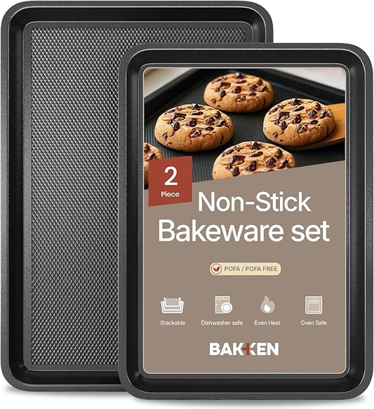 Diamond Bottom Cookie Sheet Set of 2, Nonstick Gray Carbon Steel Baking Pans for Crisp Baking, Space-Saving Stackable Trays, PFOA, PFOS, PTFE Free, Oven Safe Up to 450°F, Small & Medium Pans