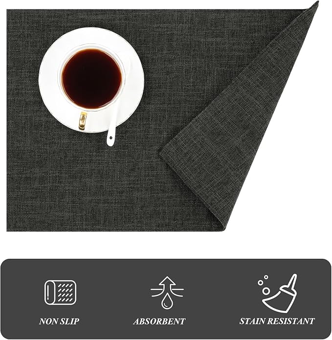 SHACOS Washable Cloth Placemats Set of 4 Cotton Linen Double Layer Thickened Machine Washable Table Mats Non Slip Heat Resistant Fabric Place Mats for Dining Table, Black