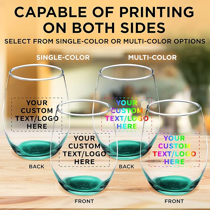 Custom Stemless Wine Glass 9 oz. Set of 50, Personalized Bulk Pack - Great for Wedding Favors, Bachelorette Party Decorations, Party Favors, Color Bottom - Green
