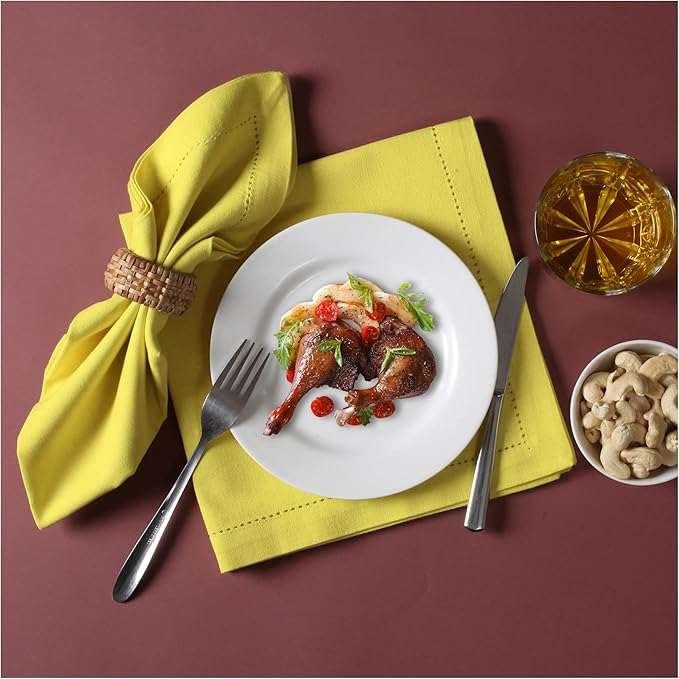 Bedding Craft Hemstitched Cotton Cloth Dinner Napkins Set of 12 – 18x18 Golden Kiwi – Reusable Machine Washable Fabric Napkins for Weddings, Thanksgiving, Christmas & Events