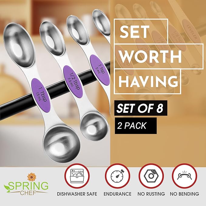 Spring Chef Magnetic Measuring Spoons Set, Dual Sided, Stainless Steel, Fits in Spice Jars, Orchid, Set of 8, 2 Pack