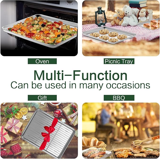 Small Baking Sheet with Cooling Rack Set [2 Baking Pans + 2 Wire Racks], CEKEE Stainless Steel Cookie Sheets for Baking, Heavy Duty & Dishwasher Safe Baking Sheets for Oven, Size 9 x 7 x 1 Inch