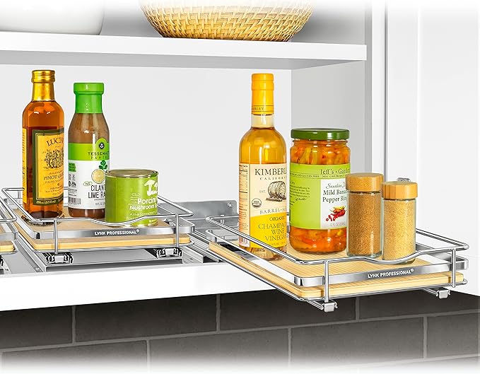 LYNK PROFESSIONAL® Élite™ Pull Out Spice Rack Organizer for Inside Kitchen Cabinets - 8-3/8 inch Wide - Slide Out Drawer – Wood/Chrome Sliding Spice Cabinet Organization Shelf Racks - 1 Tier