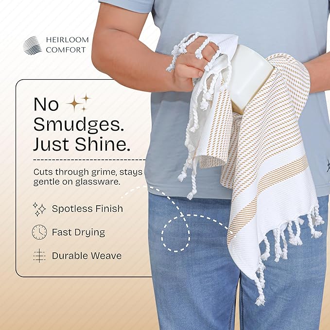 Beige Turkish Kitchen Towels 16x26 Inch, 5 Pack, 100% Cotton, Ultra Absorbent, Soft, Fast Dry, Machine Washable, Dish Towel with Tassels for Drying Dishes, Cleaning, Everyday Use