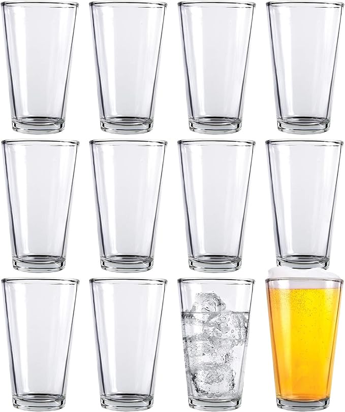 Pint Beer Glasses Set of 12 – 16 oz Tall Clear Drinking Glasses and All Purpose Tumblers – Heavy Base Cocktail, Water, Juice Glass – Pub Style Design For Home Dining, Bars, and Parties