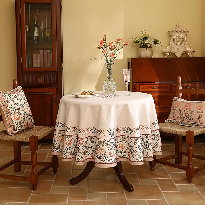 Floral Tablecloth for Round Tables,Linen Table Cloth with Double-Edged Lily Pattern,Heavy Durable Table Cover for Dining Thanksgiving Kitchen Decor Party Christmas,Diameter 55"