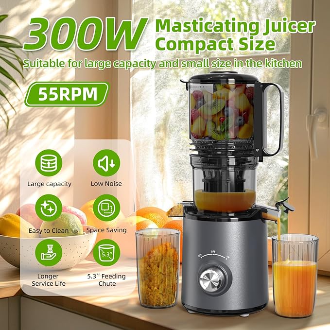 Budsom Cold Press Juicer Machine: 300W Slow Masticating Juicer for Whole Fruits & Vegetables, 5.3" Wide Feed Chute, High Juice Yield, Easy to Clean, Quiet 55 RPM, Juice Extractor for Home & Kitchen
