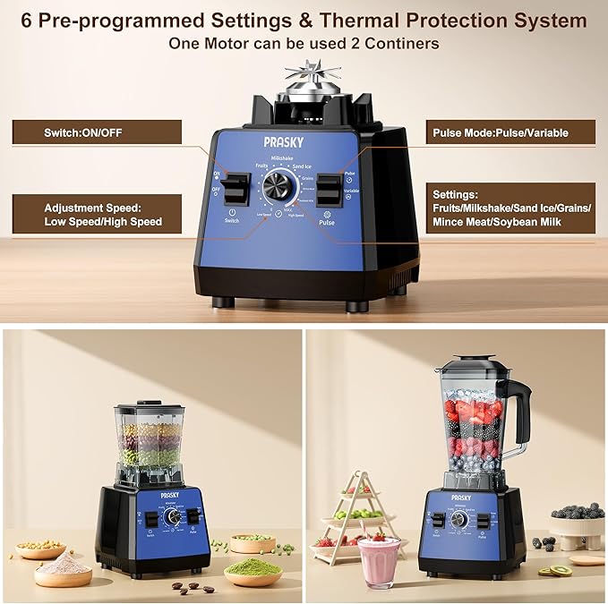 Professional Blender,Smoothies Blenders, PRASKY Max.2400Watts/1000Watts Blender and Grinder Combo 25000RPM Powerful Kitchen 68oz BPA Free 2 Containers Countertop Blenders Ice Crushing (Blue)