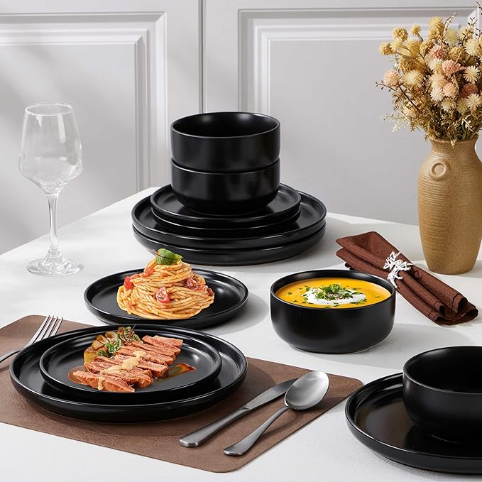Herogo 18 Pieces Stoneware Dinnerware Set Service for 6, Dinner Plates and Bowls Sets, Double Reactive Glaze Dishes Set for Kitchen, Scratch Resistant, Microwave & Dishwasher Safe, Matte Black