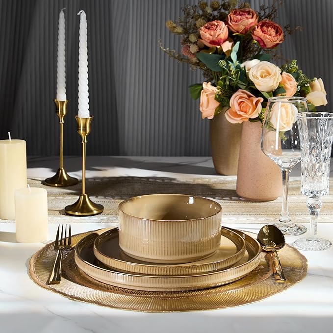 E-far 12-Piece Plates and Bowls Sets, Stoneware Dinnerware Dishes Sets for 4, Kitchen Modern Dining Dishware, Chip & Scratch Resistant, Microwave & Dishwasher Safe, Caramel Khaki