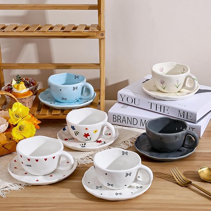 Koythin Ceramic Coffee Mug with Saucers, Handmade Flowers Mugs, Cute Cup for Girl Women, Aesthetic Tea Milk Cup with Handle, 8.5 oz/250 ml for Latte, Cocoa, Office, Home (Black Small Bow)