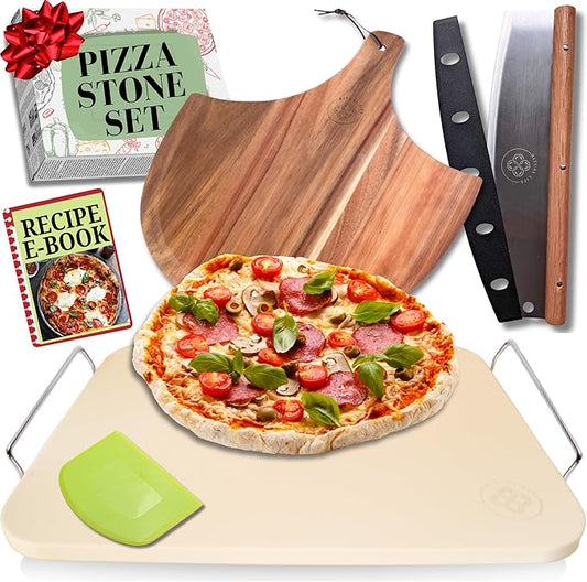 Pizza Stone for Oven and Grill Set - 5PCS Pizza Making Accessories Kit - 15 inch Pizza Stone with Handles, Pizza Peel, Pizza Cutter, Dough Tool - Baking Stone for Bread - Large Rectangular Oven Stones