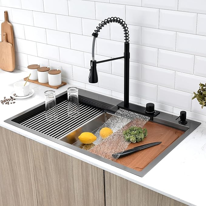 Black Kitchen Sink with Waterfall Faucet Combo, 33x22 Drop in Kitchen Sink with Faucet Stainless Steel 16 Gauge Single Bowl Modern Ledge Workstation