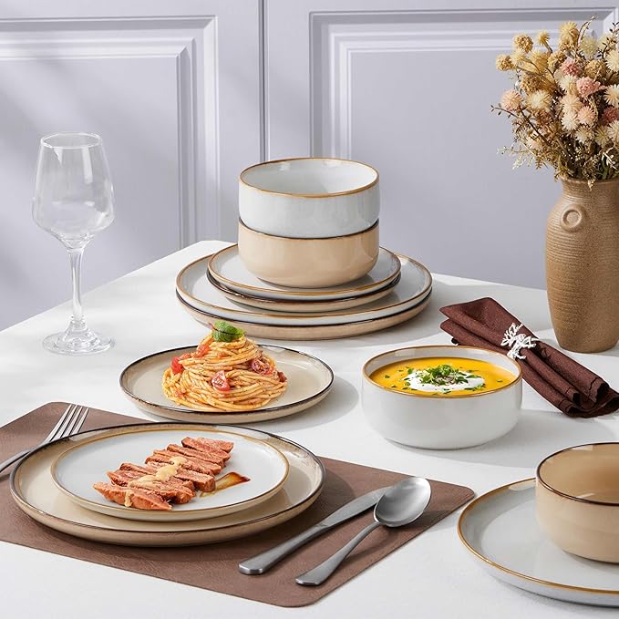 Herogo 12 Pieces Stoneware Dinnerware Dishes Set for 4, Kitchen Dining Plates and Bowls Sets, Double Reactive Glaze, Microwave & Dishwasher Safe, Scratch Resistant, Ivory White & Cream Khaki