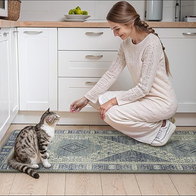 GENIMO Kitchen Mats for Floor 2PCs, Washable Anti Fatigue Mat for Cushioned, 17.3"x59"+17.3"x30", Waterproof Kitchen Rugs, Non Slip Comfort Standing Mat Rug for Home, Sink, Laundry, Blue