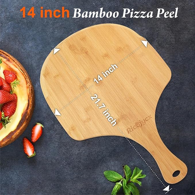 2 Pack Natural Bamboo Pizza Peel 14 inch, Wood Pizza Paddle, Cutting Board with Handle for Pizza, Bread, Cheese, Vegetable, Fruits